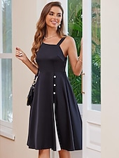 preiswerte Frauen schwarzes Kleid-Cocktailkleid für Damen, einschultrig, asymmetrischer Ausschnitt, Knopfdetail, ärmellos, A-Linie, Midi, schwarz, weiß, Party, elegant, stilvoll, Frühling, Sommer, Kleidung