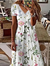 preiswerte Druck Blumen Kleider-Damen Casual kleid Sommerkleid Stilvoll Brautkleider schlicht Urlaub Täglich Verabredung Regular Fit Kurzarm V Ausschnitt Weiß Sommer