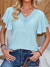 cheap Lace Tops-Women's Pointelle Shirt Eyelet Top Lace Shirt Lace Short Sleeve Flutter Sleeve Crew Neck Casual Daily Beach Blue Black White Pink Summer