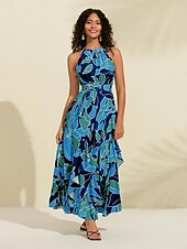 economico Abiti floreali-Per donna Vestito in Chiffon Abito maxi Blu Viola Senza Maniche Floreale Volant Stampa Primavera &amp; Estate Il giro Abito a Fantasia XS S M