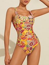 billige designer badetøy-Dame Badetøy Ett stykke Badedrakt Avtagbar pad Rynket utringing Boho Paisley Damask Gul Torget Badedrakter Trykt mønster ny Ferie Strand Klær Strandstil