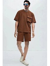 olcso Férfi Basic Tees szettek-Férfi 2 darab Póló öltönyök Rövidnadrág és póló szett Rövid ujjú Terített nyak Nyár Tömör szín Testedző Alkalmi Zseb 2 db Vakáció Hétköznapi viselet Sportruházat Fekete Fehér Barna Férfi felső póló