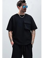 olcso Férfi Basic Tees szettek-Férfi 2 darab Póló öltönyök Rövidnadrág és póló szett Rövid ujjú Terített nyak Nyár Tömör szín Testedző Alkalmi Zseb 2 db Vakáció Hétköznapi viselet Sportruházat Fekete Fehér Barna Férfi felső póló