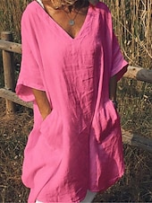 abordables Robes-Femmes Noir Blanche Rouge Été Printemps Robe Midi Robes inspirées du lin Robe Blanche Robe Chemise Basique Moderne Quotidien Week-end Coupe Ample Uni Col en V