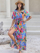 preiswerte Kleider für die Ferien-Damen kleid lang Chiffon-Kleid Elegant Böhmen Vintage Urlaub Party Täglich Lockere Passform Blumen Kurzarm Asymmetrisch Blau Sommer