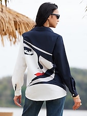 voordelige Vrouwen&#039;s Kunst &amp; Design Tops-Dames Shirt Basis Abstract Knopen Print Lange Mouw Regular Tops Shirt Kraag Casual Zwart Lente Herfst