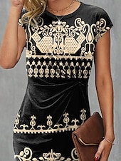 preiswerte Boho Kleid-Damen Mini Kleid Geometrisches Muster V-Ausschnitt Kurzarm Sommer