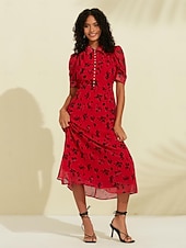 economico abito casual stampato-Abito midi in chiffon con maniche a sbuffo e stampa floreale