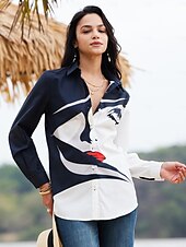 voordelige Vrouwen&#039;s Kunst &amp; Design Tops-Dames Shirt Basis Abstract Knopen Print Lange Mouw Regular Tops Shirt Kraag Casual Zwart Lente Herfst