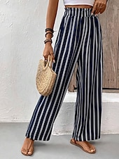 voordelige wijde pijpen en hoge taille-Dames Breed Been Broeken Casual / Dagelijks Lang Gestreept Breed Been Opdrukken Ademend Comfortabel Micro-elastisch Kantoor / Formeel Marineblauw Lente zomer Normale pasvorm