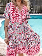 billige Boho-kjoler-Dame Mini kjole Uformell kjole Boho elegante kjoler Sommerkjole Boho-kjole Fritid Bohem Feriereise Daglig Strand Løstsittende Blomstret Kortermet V-hals Rød Blå Fuksia Sommer