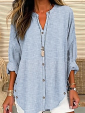 Women's Shirt Blouse Casual Striped Buttons Print Long Sleeve Regular Tops V Neck Vacation Daily Blue Spring & Summer4