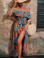 preiswerte Kleider für die Ferien-Damen Freizeitkleid Blumenblatt-Split-Print schulterfrei langes Kleid Maxikleid lässig Boho Date Urlaub 3/4 Ärmel Sommer