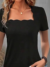 abordables T-shirt uni-T-shirt à encolure festonnée pour femme, manches courtes, couleur unie, coupe slim, extensible, décontracté, mode, noir
