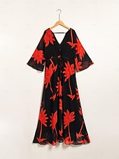 economico Abiti floreali-Per donna Abito Stampato Abito maxi Nero Manica 3/4 Foglia Stampa Fiori / Piante Stampa Primavera &amp; Estate Scollo a V Spiaggia S M L