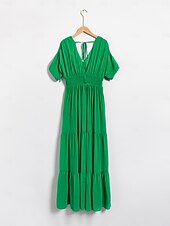 economico Abiti floreali-maxi abito grembiule da donna in chiffon verde con scollo a V e allacciatura sul retro