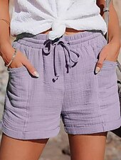 baratos Shorts de linho de algodão-Mulheres Shorts inspirados em linho chinês Calção Básico Casual Curto Cintura Alta Tecido Bolsos Design de cordão elástico Corte alto Respirabilidade Macio Micro-Elástica Casual / Diário Final de