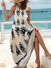 preiswerte Boho Kleider-Damen Maxi Kleid Sommerkleid Shift Kleid Sommerkleid Bohemia Hawaii Urlaub Party Freizeit Lässiger Fit Geometrisch Kurzarm Rundhalsausschnitt Khaki Sommer