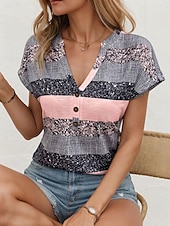 voordelige Stripe &amp; Geometrische t-shirt-Dames T-shirt Gestreept Sprankelend Stijlvol Korte mouw V-hals Normale tops Dagelijks Uitgaan Knop Afdrukken Blozend Roze Zomer