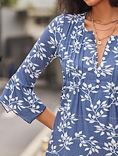 olcso Virágos póló-Női Póló Plus Size Ing Tunika Henley Ing Blúz Utcai Ruházat Hétköznapi Gombok Mintás 3/4 Hosszú Ujjú Szabályos Felsők V Nyakú Napi Hétvégi Piros Tengerész Kék