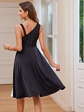 preiswerte Frauen schwarzes Kleid-Cocktailkleid für Damen, einschultrig, asymmetrischer Ausschnitt, Knopfdetail, ärmellos, A-Linie, Midi, schwarz, weiß, Party, elegant, stilvoll, Frühling, Sommer, Kleidung