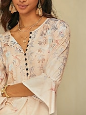 お買い得  フローラルTシャツ-ウィメンズ T シャツ 基本 フローラル ボタン プリント 3/4 長袖 レギュラー トップス ラウンドネック ホリデイ イエロー ブルー