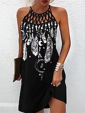 olcso Sundresses-Női Mini ruha hétköznapi ruha nyári ruha Slip ruha Hawaii Alkalmi Vakáció Napi Tengerpart Normál Virágos Toll Ujjatlan Pántos Fekete Nyár