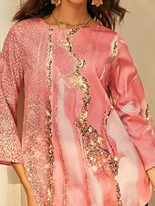 billiga Kvinnors Konst &amp; Design Toppar-Kvinnors blus chiffong daglig grundläggande neongrön  ljus abstrakt tryck långärmad lång toppar rund hals avslappnad ljusgrön rosa blå grön beige höst  vinter