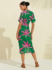 abordables Robes décontractées-Femme Robe imprimée Robe mi-longue Robe mi-longue Vert Manche Courte Plantes Froncé Eté Col V Robe Motif S M L