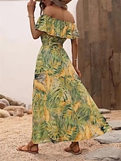 preiswerte Kleider für die Ferien-Damen Freizeitkleid Blumenblatt-Split-Print schulterfrei langes Kleid Maxikleid lässig Boho Date Urlaub 3/4 Ärmel Sommer