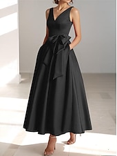 economico Abiti da cocktail-Abiti da cocktail A-Line per matrimoni in spiaggia abito elegante per ospiti di matrimoni Kentucky Derby lunghezza tè senza maniche scollatura a V con tasca in raso con fiocco(i) abiti Derby 2025