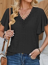 cheap Lace Tops-Women's Pointelle Shirt Eyelet Top Lace Shirt Lace Short Sleeve Flutter Sleeve Crew Neck Casual Daily Beach Blue Black White Pink Summer