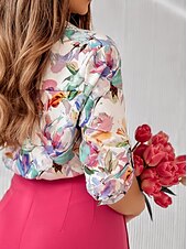 voordelige Dames grafische tops-Dames Overhemd Blouse Bloemig Stip Casual Lange mouw Overhemdkraag Normale tops Vakantie Dagelijks Knop Afdrukken Wit Blozend Roze Rood blauw Khaki Lente zomer