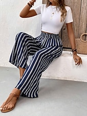 voordelige wijde pijpen en hoge taille-Dames Breed Been Broeken Casual / Dagelijks Lang Gestreept Breed Been Opdrukken Ademend Comfortabel Micro-elastisch Kantoor / Formeel Marineblauw Lente zomer Normale pasvorm