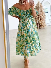 ieftine Rochii de Vacanță-Pentru femei Rochie Lunga Rochie Maxi Rochie casual Rochie leagăn Rochie A line Rochie de vară Stilat Vacanță Zilnic Dată Fit regulat Floral Manșon Jumate De Pe Umăr Roșu-aprins Albastru piscin