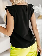 abordables Débardeurs et camisoles femme-Débardeur Femme Noir Blanc Fuchsia Uni Volant Mode Quotidien Col en V Ajustement Régulier S