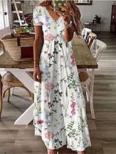 preiswerte Druck Blumen Kleider-Damen Casual kleid Sommerkleid Stilvoll Brautkleider schlicht Urlaub Täglich Verabredung Regular Fit Kurzarm V Ausschnitt Weiß Sommer