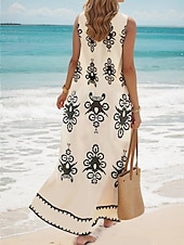 preiswerte Boho Kleider-Damen Maxi Kleid Sommerkleid Shift Kleid Sommerkleid Bohemia Hawaii Urlaub Party Freizeit Lässiger Fit Geometrisch Kurzarm Rundhalsausschnitt Khaki Sommer