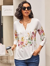 cheap Floral tee-Women&#039;s T Shirt Basic Floral Buttons Print 3/4 Length Sleeve Regular Tops Round Neck Casual Holiday White