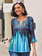 olcso Boho póló-Női Póló Plus Size Ing Póló Henley Ing Blúz Grafikai Alap 3/4 Hosszú Ujjú Kerek Nyakú Normál Felsők Köznapi Hétvégi Gombos Nyomtatás Rózsaszín Kék Zöld