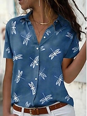 voordelige Dames grafische tops-dames casual overhemd korte mouw libellenprint reverskraag knoopsluiting stoffig roze relaxte pasvorm lente zomer mode top dagelijks gebruik maten s-xl