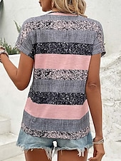 voordelige Stripe &amp; Geometrische t-shirt-Dames T-shirt Gestreept Sprankelend Stijlvol Korte mouw V-hals Normale tops Dagelijks Uitgaan Knop Afdrukken Blozend Roze Zomer