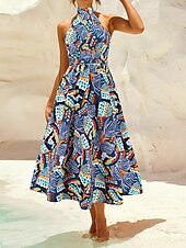 levne Elegantní květinové šaty-dámské ležérní šaty květinový list bez zad ohlávka midi šaty ležérní boho denní dovolená bez rukávů léto