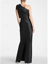preiswerte SCHWARZ-Meerjungfrau Abendkleid Elegantes Kleid Formeller Hochzeitsgast Knöchellang Ärmellos Eine Schulter Satin mit Schleife(n) Schlitz Maskeradenkleid 2025