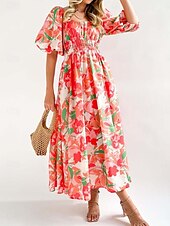 ieftine Rochii de Vacanță-Pentru femei Rochie Lunga Rochie Maxi Rochie casual Rochie leagăn Rochie A line Rochie de vară Stilat Vacanță Zilnic Dată Fit regulat Floral Manșon Jumate De Pe Umăr Roșu-aprins Albastru piscin