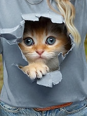 levne Tričko se zvířaty-Dámské tričko roztomilé koťátko peekaboo grafika kulatý výstřih krátké rukávy pohodlné každodenní nošení měkké pohodlné unikátní potisk modré běžné a velké velikosti
