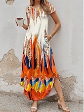 abordables Art &amp; Design Robes-Robe maxi féminine Imprimé tropical Fendue col rond Robe longue manches courtes été