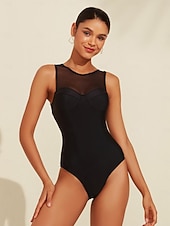 お買い得  デザイナー水着-女性用 スイムウェア ワンピース 水着 単色/無地 ブラック ラウンド 水着 ビーチスタイル