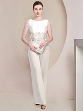 abordables Costumes-pantalons pour maman-Combinaison  tailleur de 3 pièces mère de la mariée invitée de mariage formelle élégante encolure dégagée longueur au sol tissu extensible en dentelle manches 3/4 enveloppe incluse avec appliques 2025
