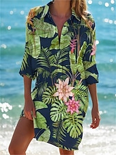 voordelige Blousejurken-dames strand cover-up lange mouw v-hals marine print knoopsluiting roltab mouw wit blauw one size resortkleding zomer zeeleven patroon kleding kleding